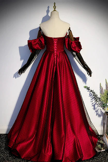 Dramatic Ballgown Cold-Shoulder Satin Polka-Dot Bow-Bodice Lace-Up Back Floor-Length Evening Dresses