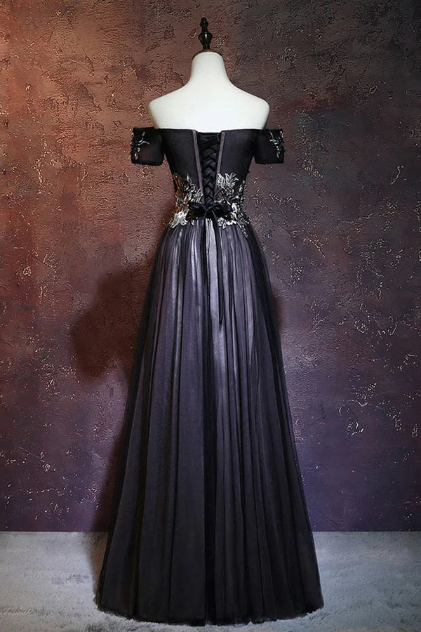 Dramatic Ballgown Off-Shoulder Embellished-Lace Lace-Up Back Floor-Length Evening Dresses