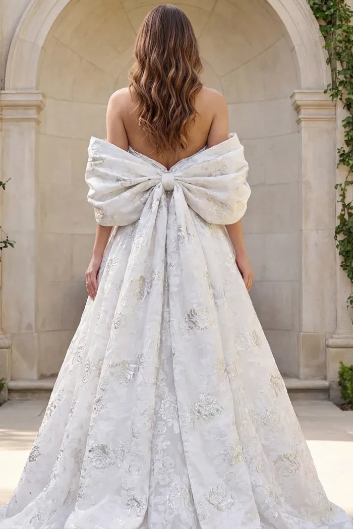 Dramatic Ballgown Off-Shoulder Oversized-Bow-Back Floral-Brocade Train Length Wedding Dresses