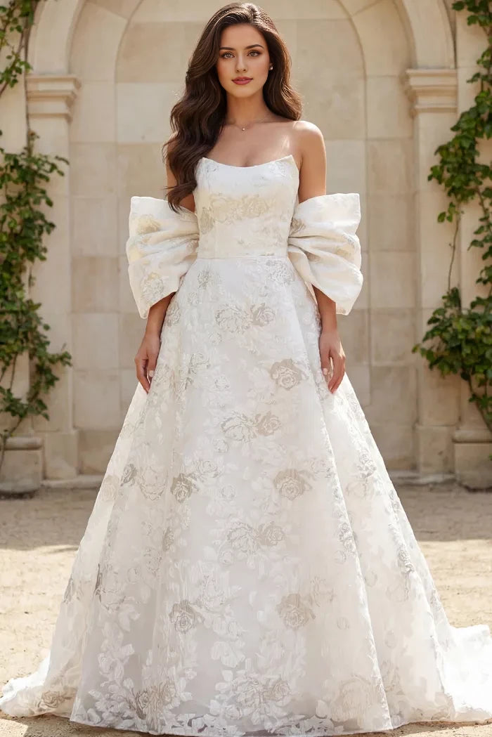 Dramatic Ballgown Off-Shoulder Oversized-Bow-Back Floral-Brocade Train Length Wedding Dresses