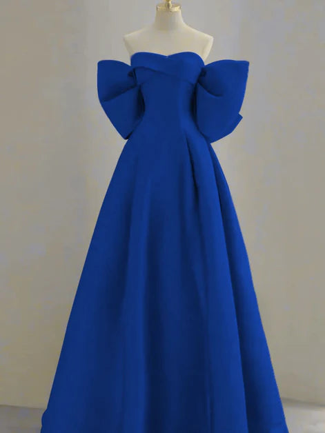 Dramatic Ballgown Off-Shoulder Satin Oversized-Bow Back-Zip Train Length Evening Dresses