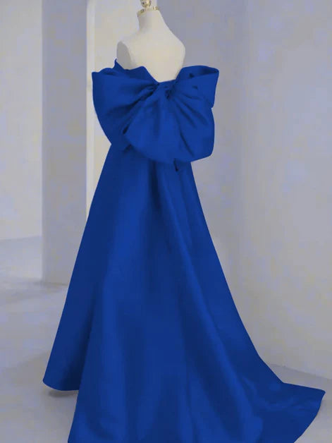 Dramatic Ballgown Off-Shoulder Satin Oversized-Bow Back-Zip Train Length Evening Dresses