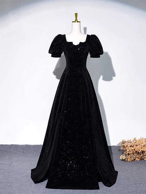 Dramatic Ballgown Square-Neck Velvet Star-Sequin Puff-Sleeve Lace-Up Back Train Length Evening Dresses