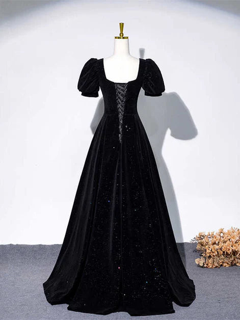 Dramatic Ballgown Square-Neck Velvet Star-Sequin Puff-Sleeve Lace-Up Back Train Length Evening Dresses
