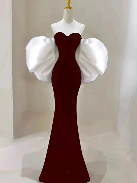 Dramatic Mermaid Off-Shoulder Oversized-Puff-Sleeve Two-Tone Back-Zip Floor-Length Evening Dresses