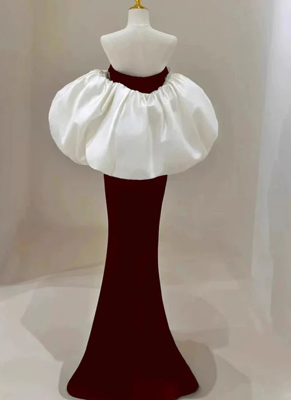 Dramatic Mermaid Off-Shoulder Oversized-Puff-Sleeve Two-Tone Back-Zip Floor-Length Evening Dresses