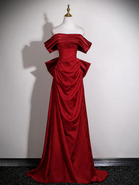 Dramatic Mermaid Off-Shoulder Satin Oversized-Bow Lace-Up Back Train Length Evening Dresses