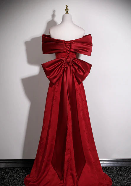 Dramatic Mermaid Off-Shoulder Satin Oversized-Bow Lace-Up Back Train Length Evening Dresses