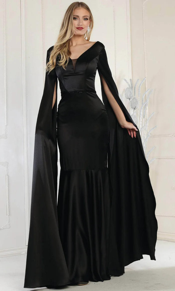 Dramatic Mermaid V-Neck Cape-Sleeve Open-Back Black Satin Floor-Length Mother of the Bride Dresses