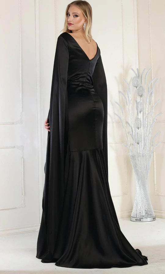 Dramatic Mermaid V-Neck Cape-Sleeve Open-Back Black Satin Floor-Length Mother of the Bride Dresses