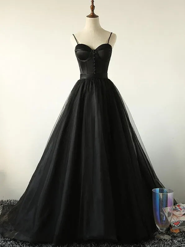 Dramatic A-Line Sweetheart Corset-Bodice Black Tulle Prom Dresses
