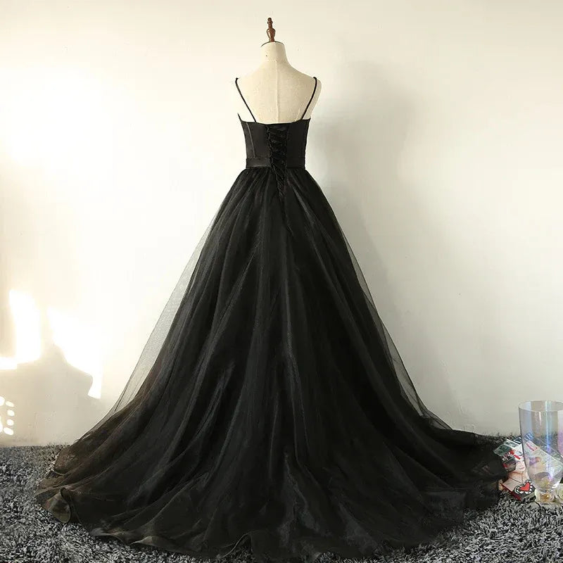 Dramatic A-Line Sweetheart Corset-Bodice Black Tulle Prom Dresses