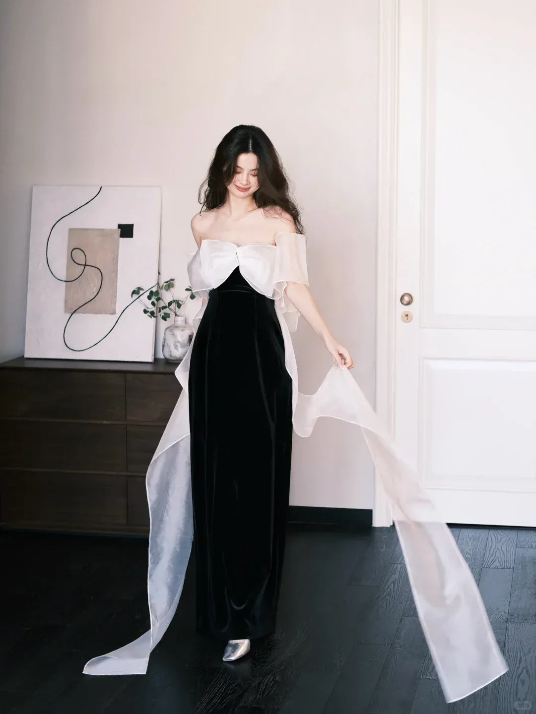 Dramatic Black Velvet White Organza Bow Strapless Gown