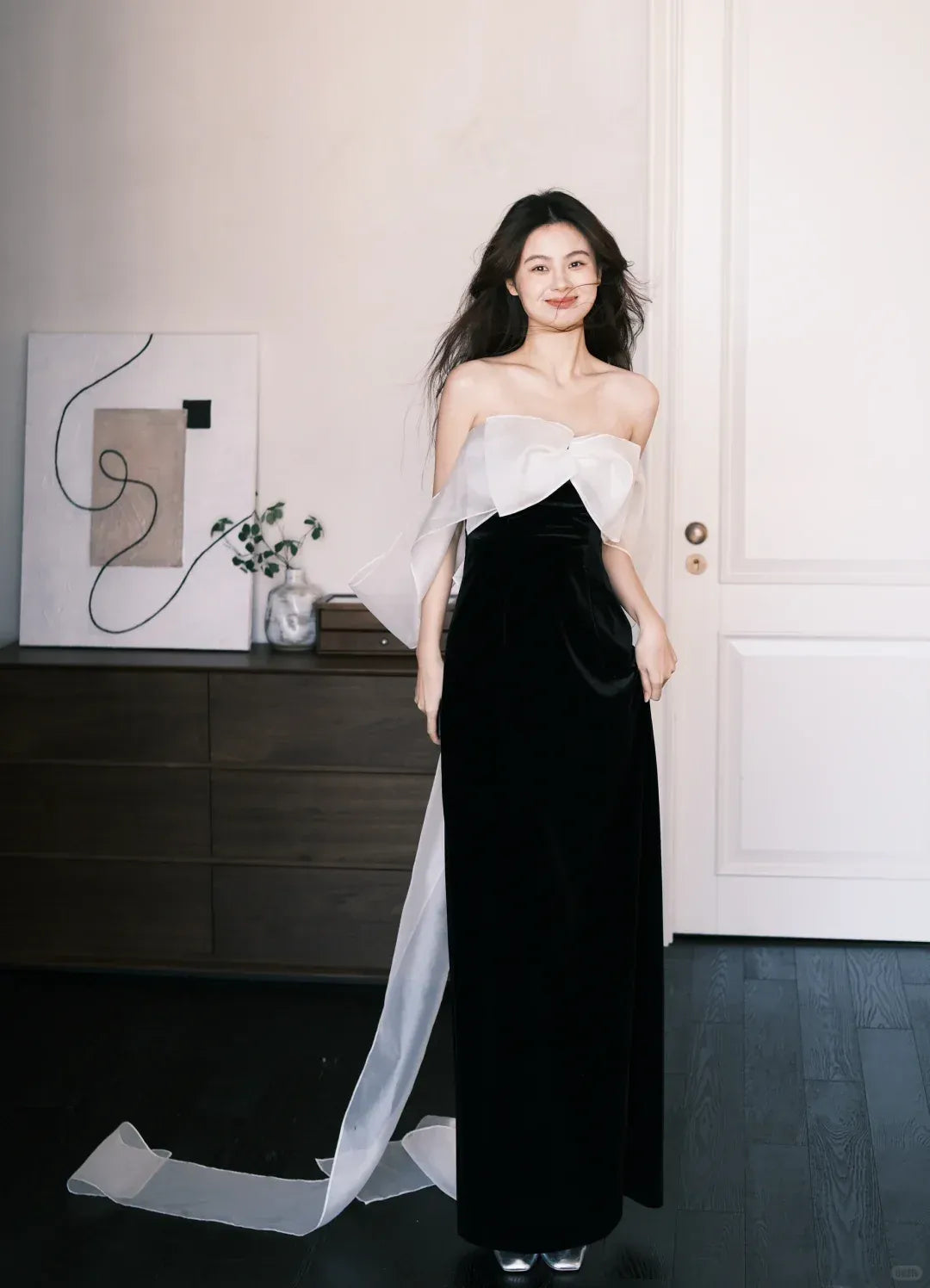 Dramatic Black Velvet White Organza Bow Strapless Gown
