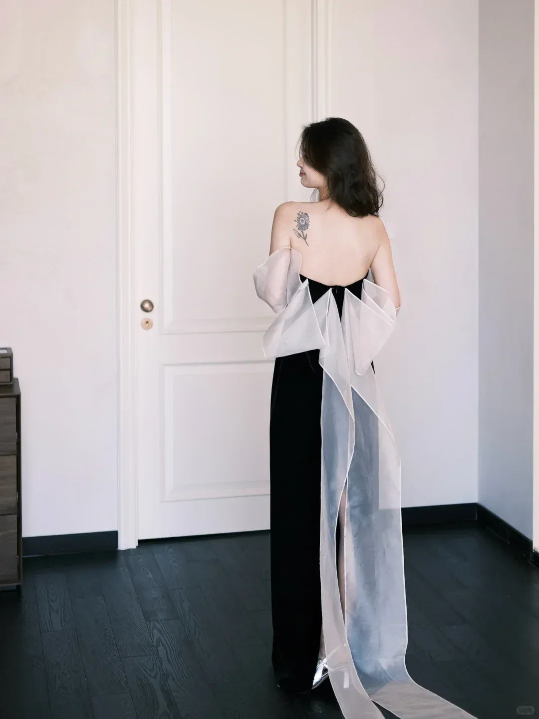 Dramatic Black Velvet White Organza Bow Strapless Gown