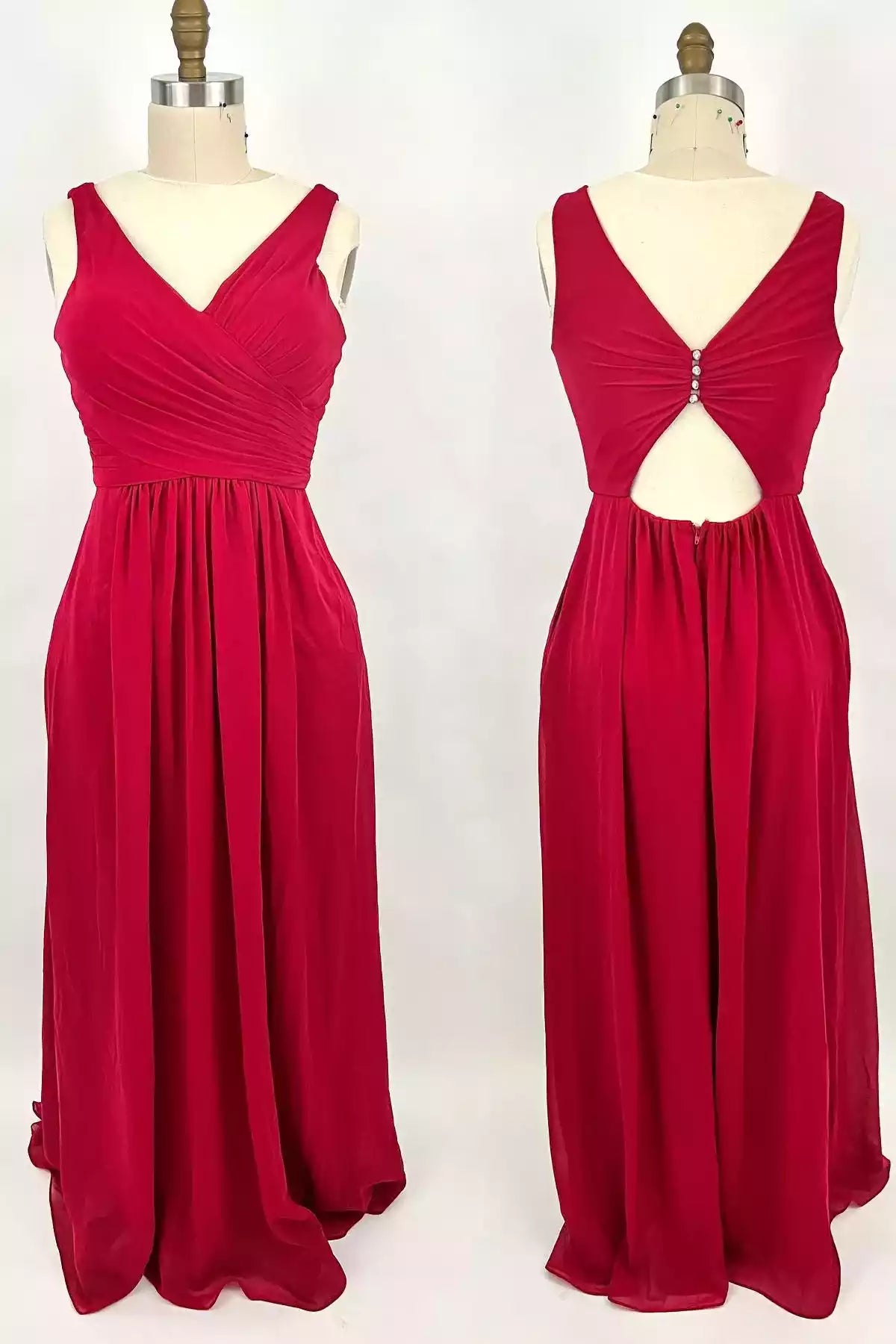 Dramatic Crimson Chiffon Gown with Cross-Drape Bodice & Jeweled Keyhole Back