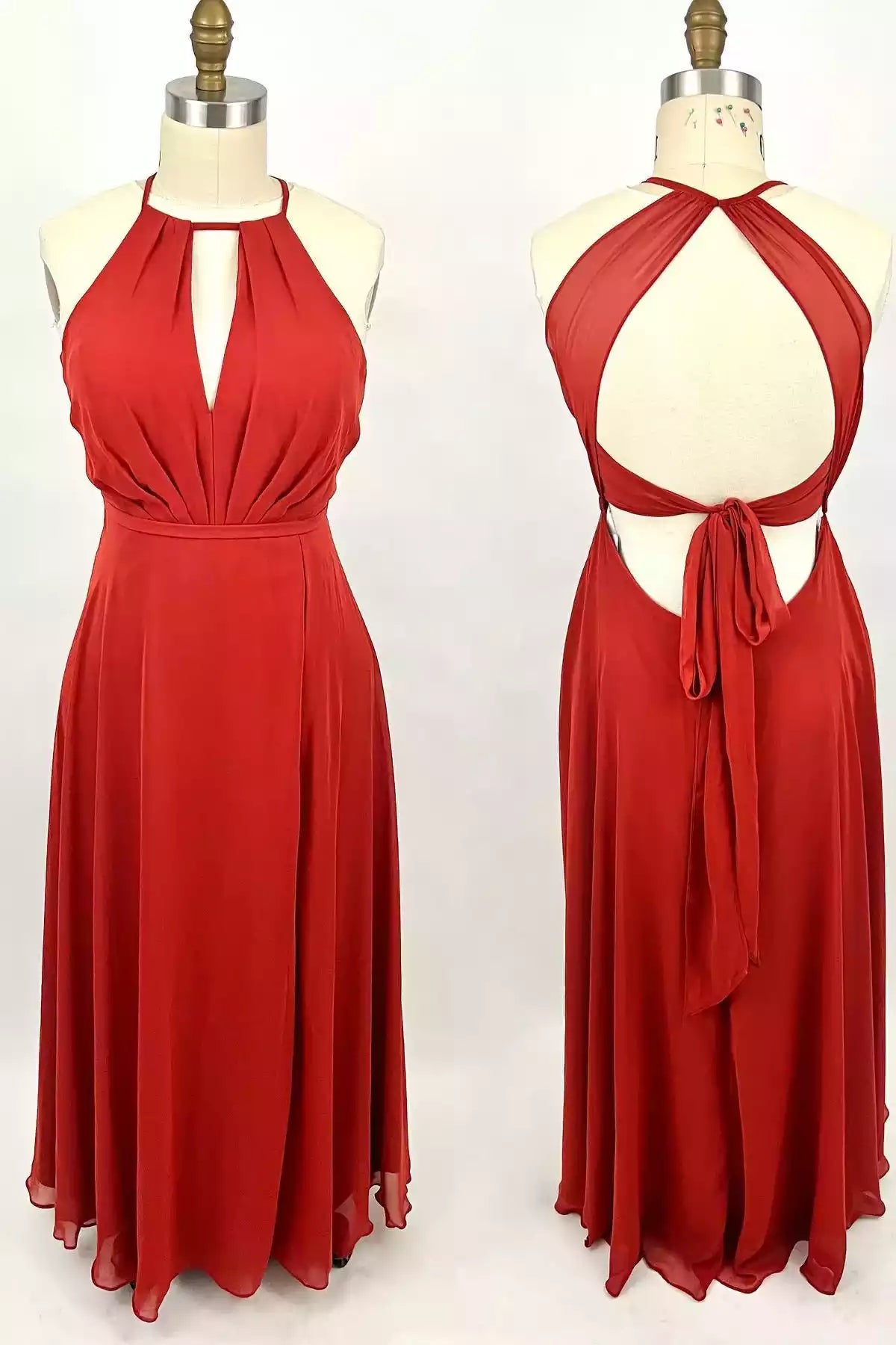 Dramatic Crimson Chiffon Gown with Halter Keyhole & Open Tie-Back