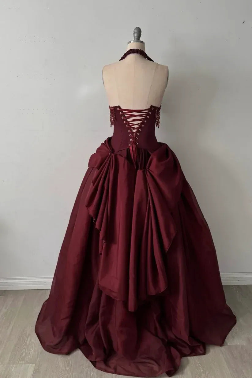 Dramatic Halter Beaded-Fringe Burgundy Taffeta Ball Gown