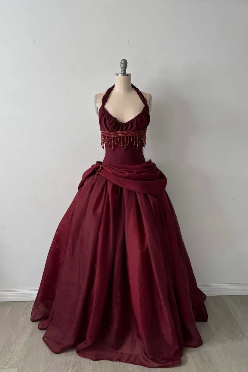 Dramatic Halter Beaded-Fringe Burgundy Taffeta Ball Gown