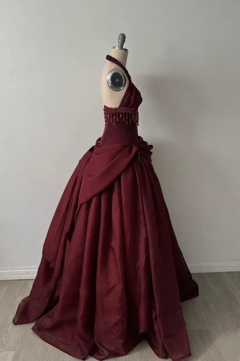 Dramatic Halter Beaded-Fringe Burgundy Taffeta Ball Gown