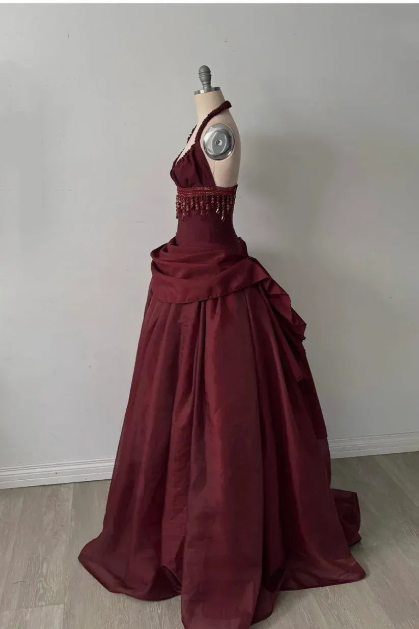 Dramatic Halter Beaded-Fringe Burgundy Taffeta Ball Gown