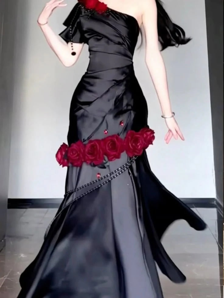 Dramatic Mermaid One-Shoulder 3D Rose Applique Satin Gown