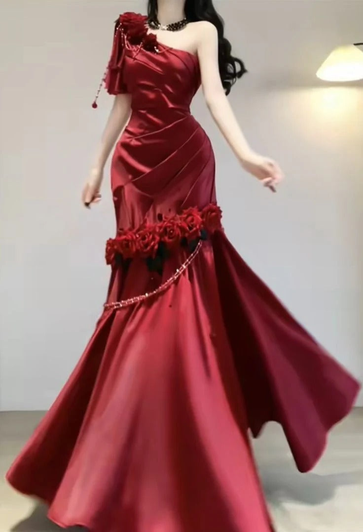 Dramatic Mermaid One-Shoulder 3D Rose Applique Satin Gown