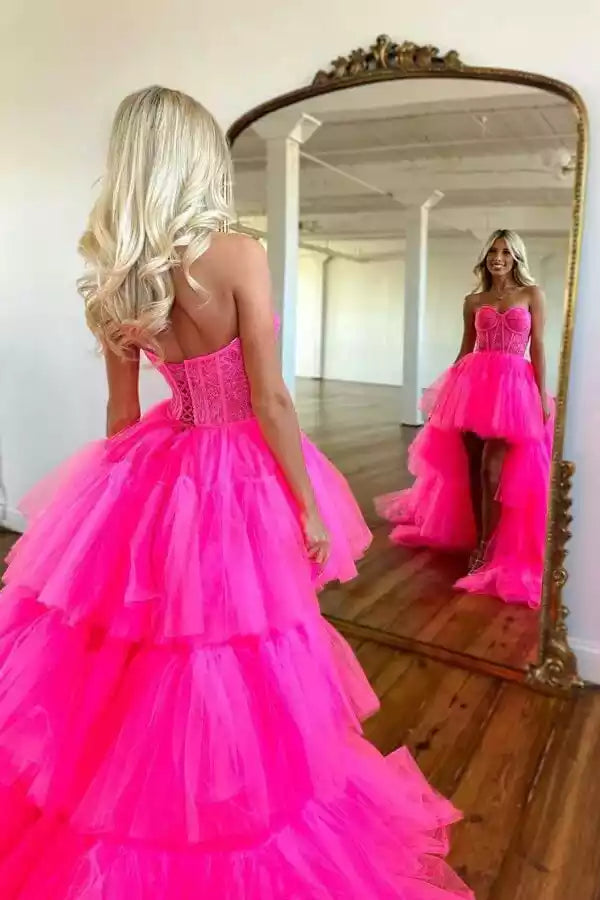 Dramatic Neon Pink High-Low Tulle Gown with Strapless Lace Bodice