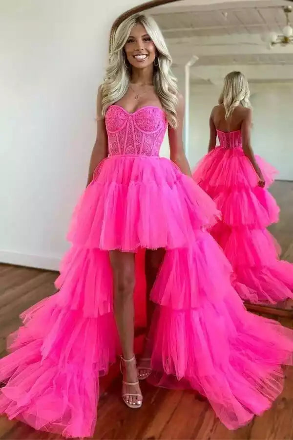 Dramatic Neon Pink High-Low Tulle Gown with Strapless Lace Bodice