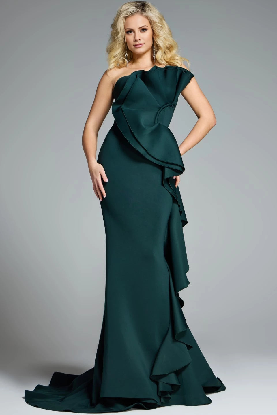 Dramatic One-Shoulder Ruffle Gown with Cascading Train Evening Dresses