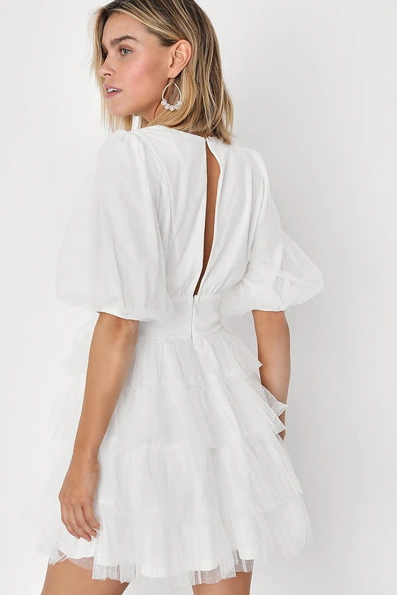 Dramatic Poise Dot Tulle Puff Sleeve Tiered Mini Dress Homecoming Dresses