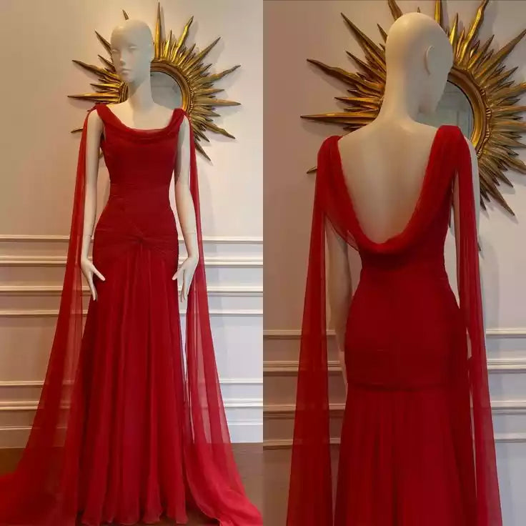 Dramatic Red Chiffon Gown with Draped Cape & Open Back