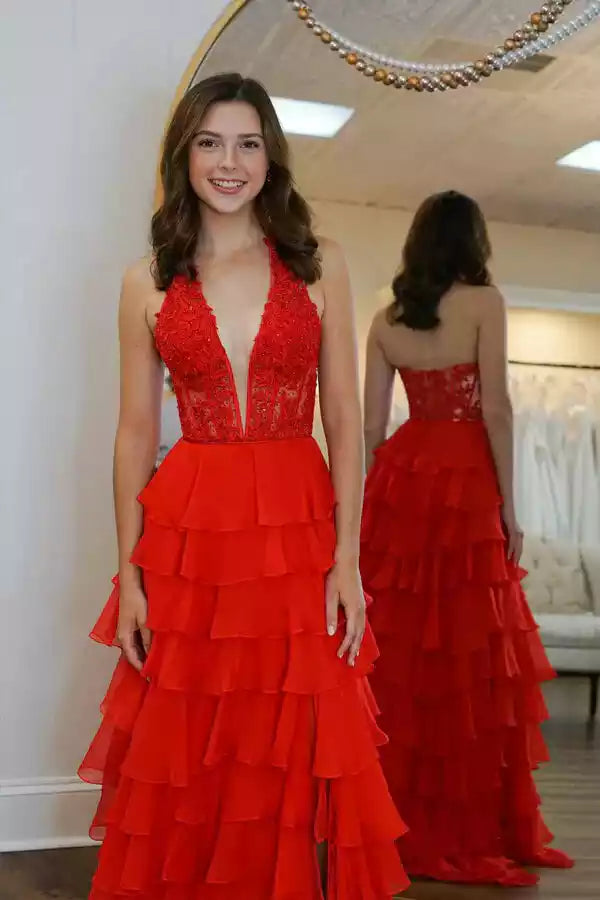 Dramatic Red Lace Halter Gown with Tiered Ruffle Skirt