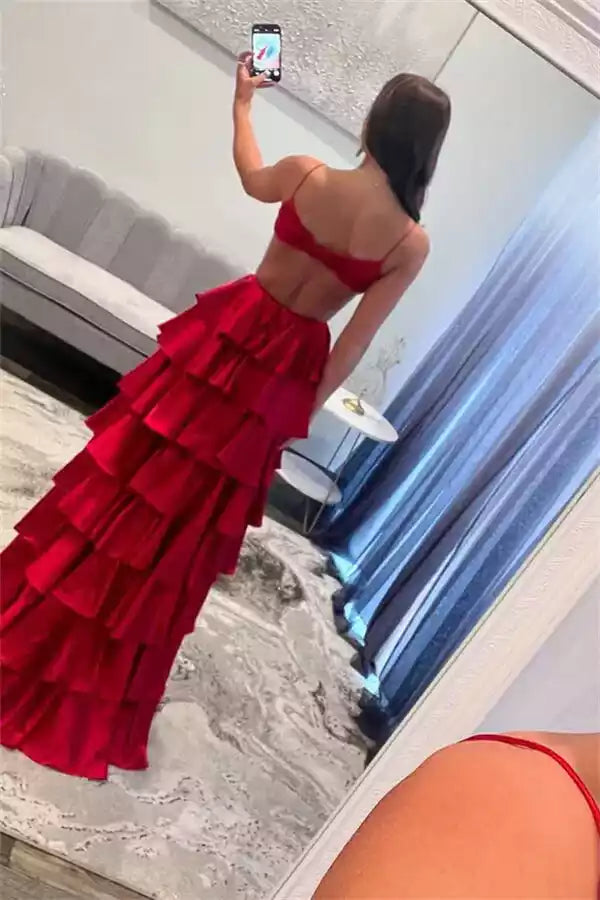 Dramatic Red Satin Tiered Gown with Plunge Neck & Open Back