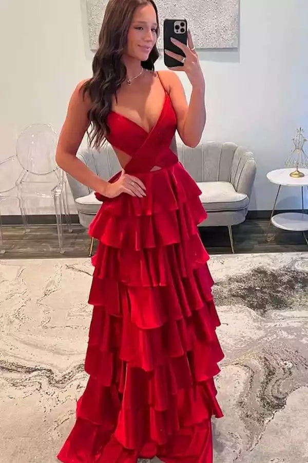 Dramatic Red Satin Tiered Gown with Plunge Neck & Open Back