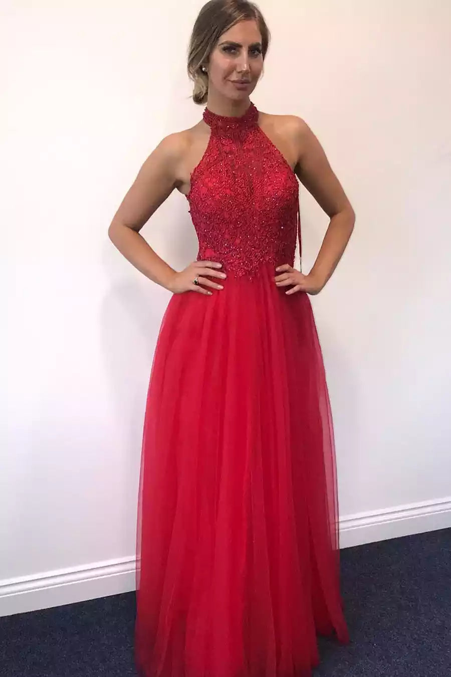 Dramatic Red Tulle Gown with Halter Neckline & Lace-Up Open Back