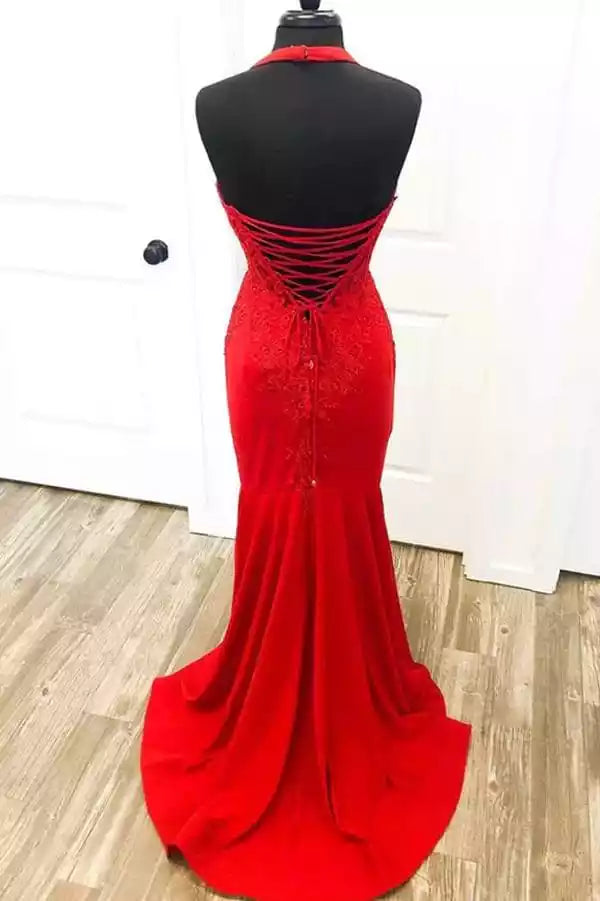 Dramatic Scarlet Halter Gown with Lace Detail & Mermaid Silhouette