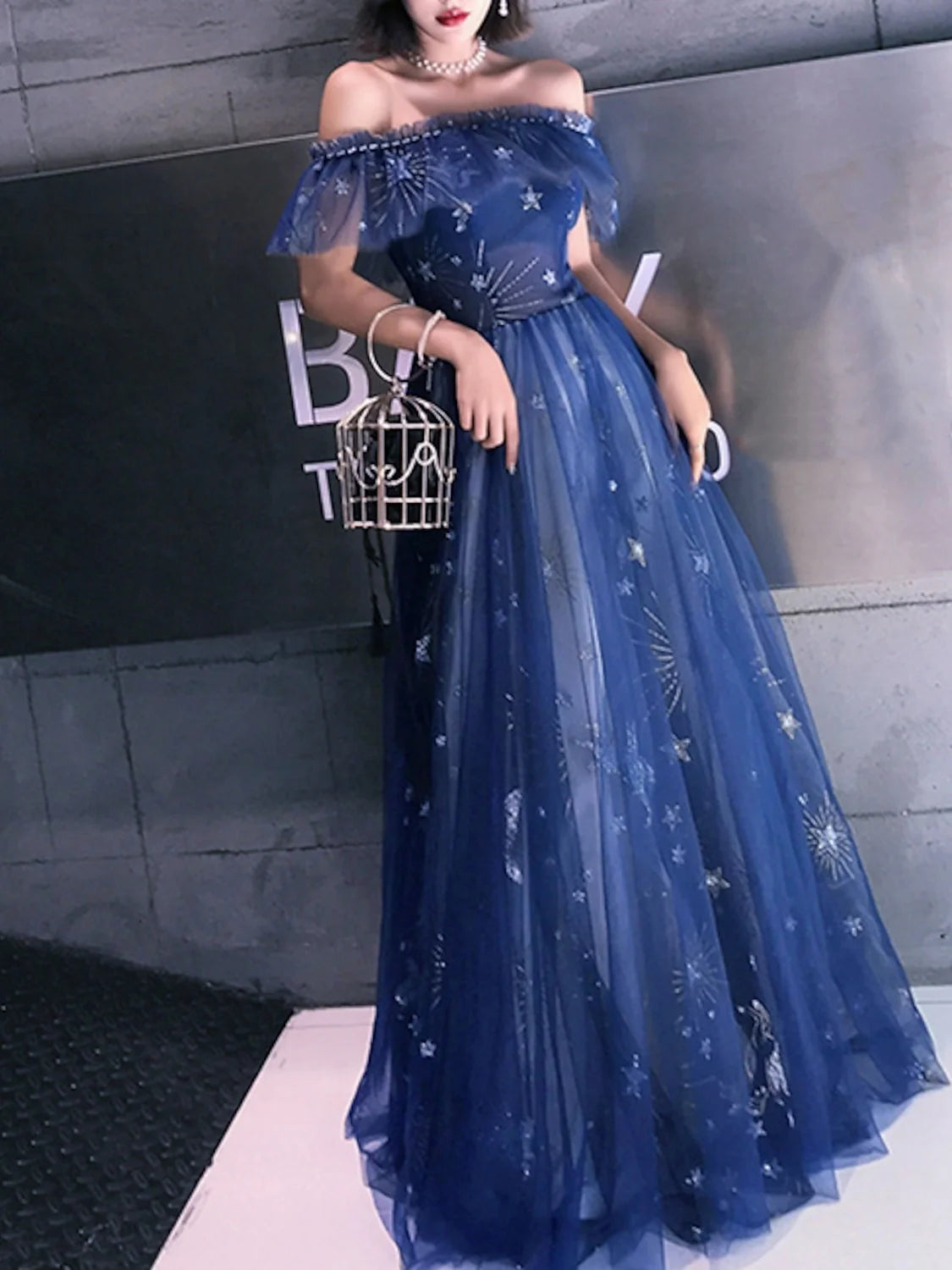 Dreamy A - Line Off - Shoulder Ruffle Sleeve Zipper Back Long Length Prom Dresses
