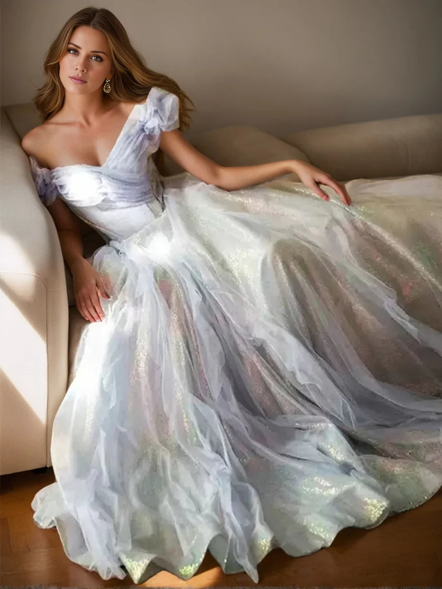 Dreamy A - Line Off - Shoulder Short - Sleeve Open - Back Floor - Length Evening Gown