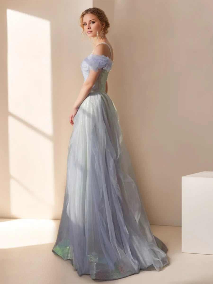 Dreamy A - Line Off - Shoulder Short - Sleeve Open - Back Floor - Length Evening Gown