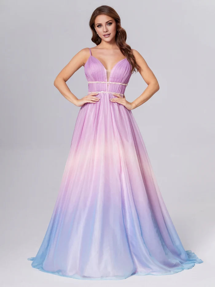 Dreamy A - Line Plunge Neck Spaghetti Strap Zipper Back Long Length Prom Dresses