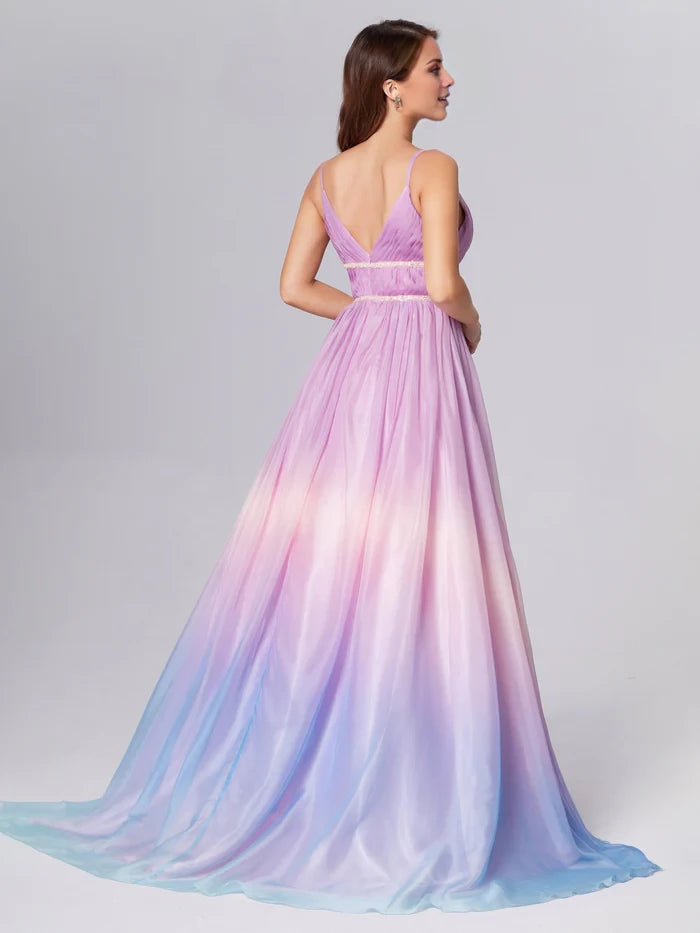 Dreamy A - Line Plunge Neck Spaghetti Strap Zipper Back Long Length Prom Dresses