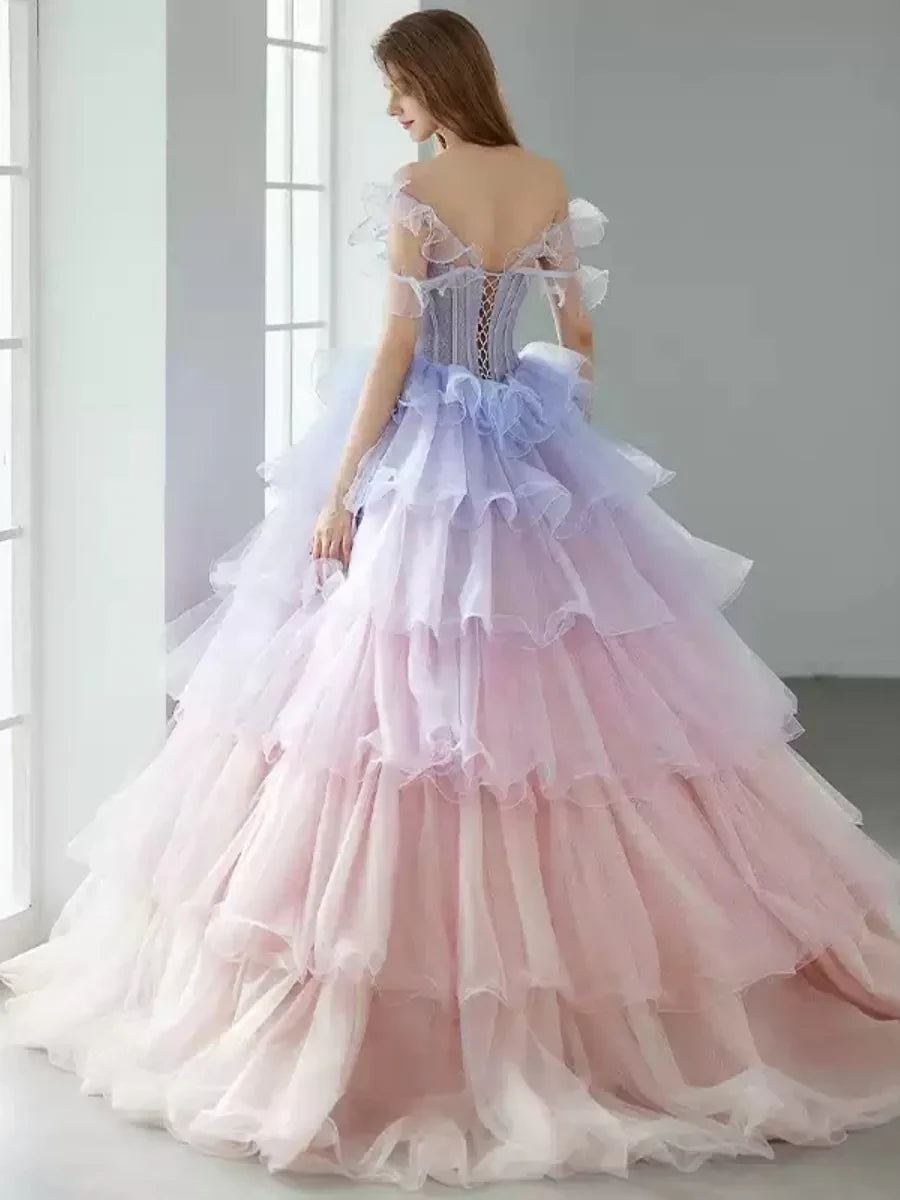 Dreamy Ball Gown Off - Shoulder Ruffle - Trimmed Lace - Up Back Long Length Evening Dresses