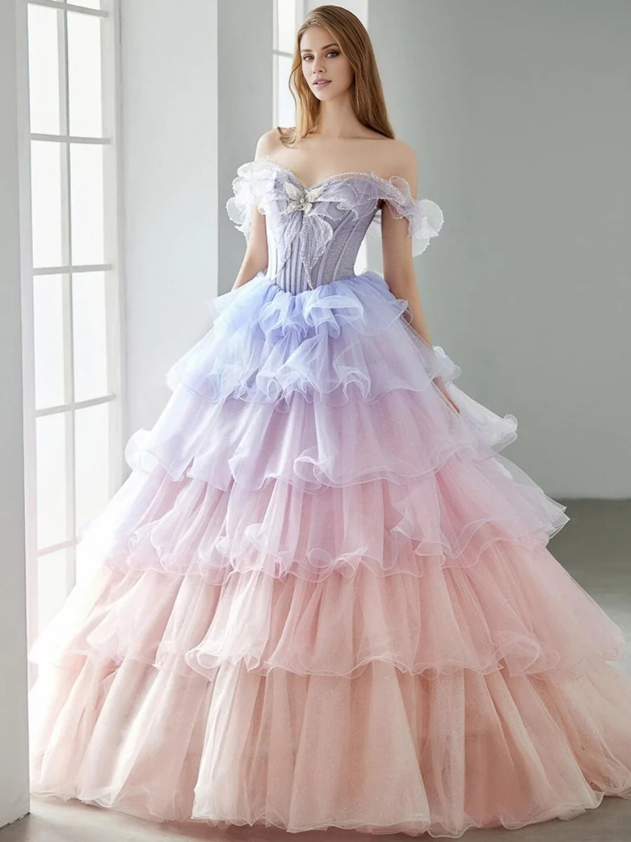 Dreamy Ball Gown Off - Shoulder Ruffle - Trimmed Lace - Up Back Long Length Evening Dresses