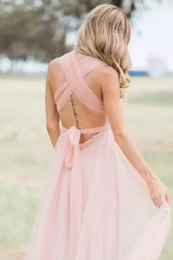 Dreamy Blush Pink Chiffon Gown with Cross-Back Halter & Tie Detail
