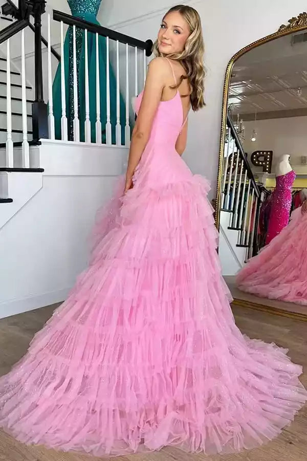 Dreamy Blush Pink Tulle Ballgown with Tiered Ruffles & Glitter Detailing