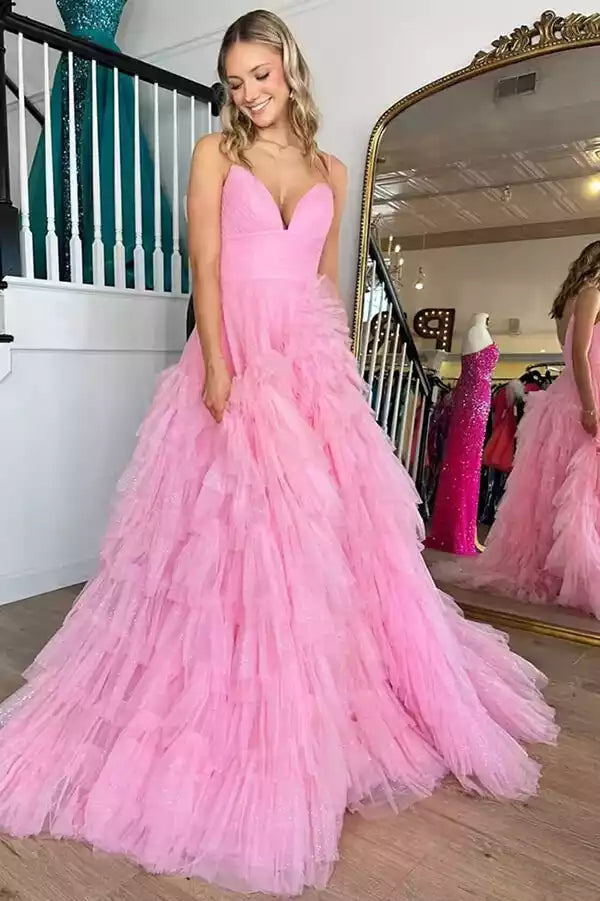 Dreamy Blush Pink Tulle Ballgown with Tiered Ruffles & Glitter Detailing