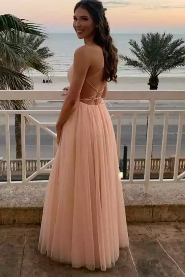 Dreamy Blush Tulle Gown with Lace Bodice & Crisscross Open Back