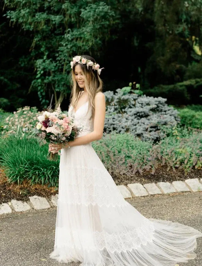 Dreamy Bohemian Lace Embroidery Ivory Tulle Wedding Gown