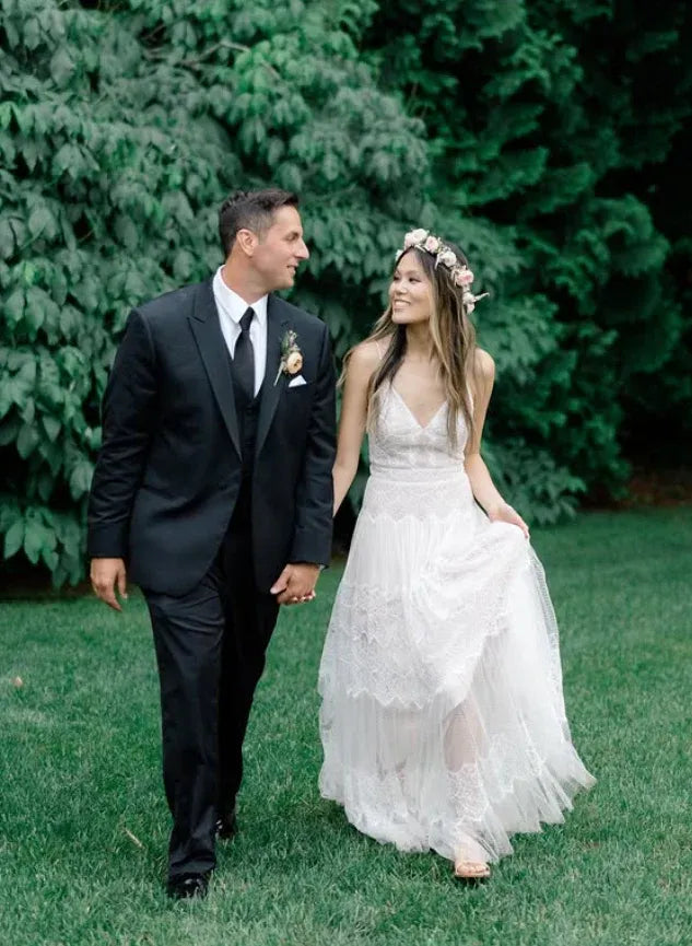 Dreamy Bohemian Lace Embroidery Ivory Tulle Wedding Gown